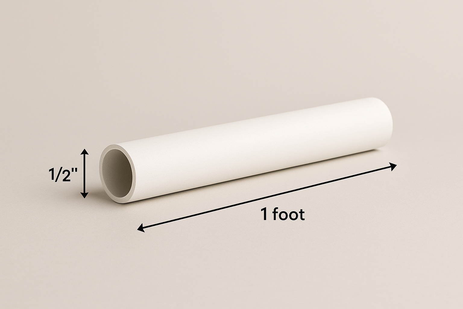 1-foot in length 1/2 wide hollow pipe laying down on its side color white