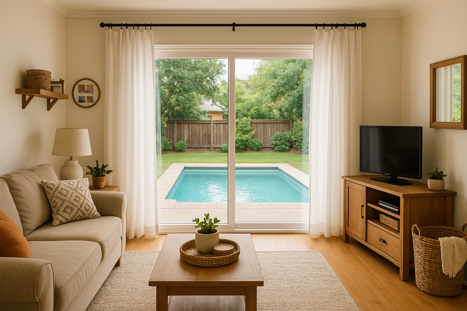Medum income stile home with back sliding door with black curtain rail and hooks. But a white curtain that open with family styled home and pool in the back yard