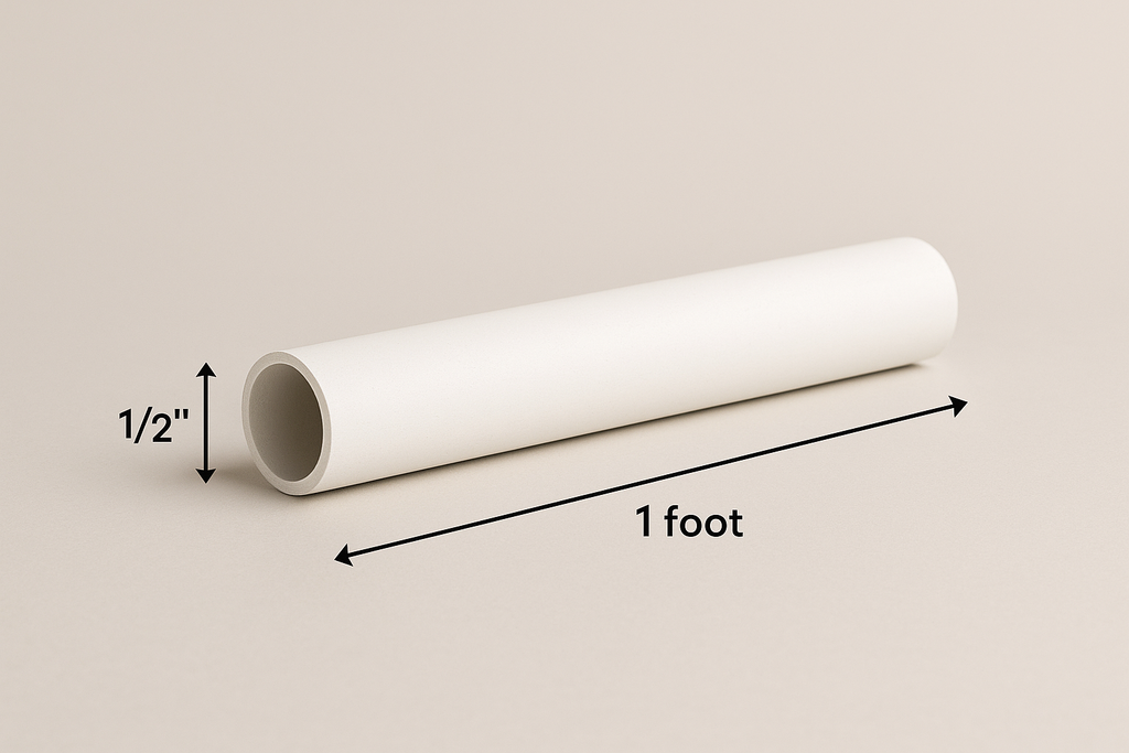 1-foot in length 1/2 wide hollow pipe laying down on its side color white